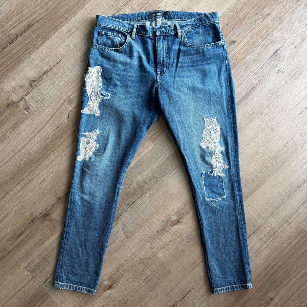 Lauren Ralph Lauren Lace Patch Distressed Straight Leg Jeans Blue‎ Womens 10